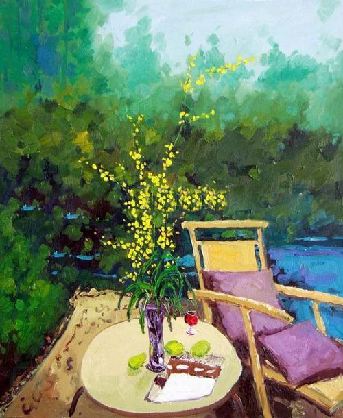 Green Background With A Chair Canvas Landscape Oil Paintings