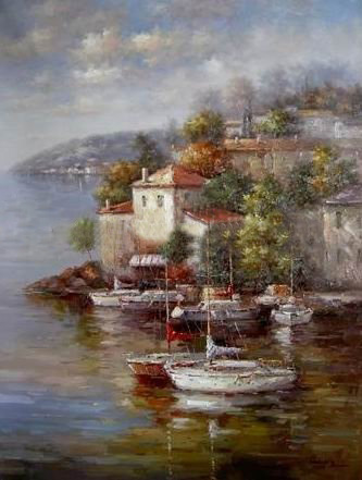 Many Ships Dark Green Background Canvas Landscape Oil Paintings