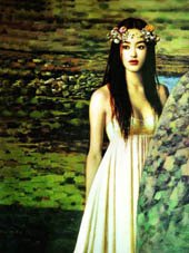 A Girl Wearing Garland Green Bakcground Canvas Portrait Oil Paintings
