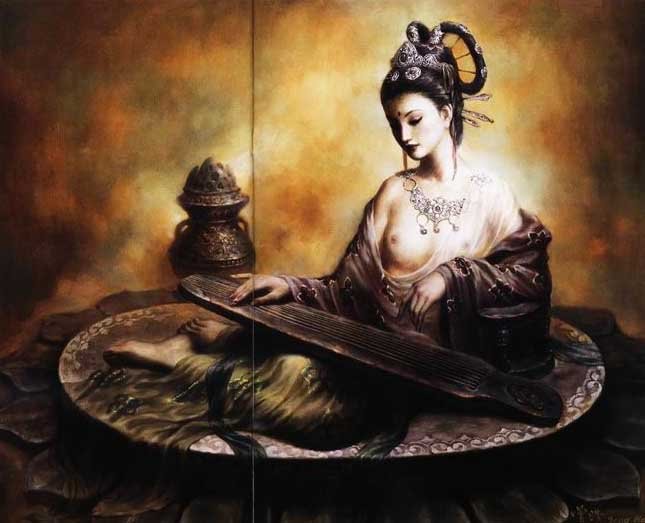 A Girl Playing The Guzheng Canvas Dark Background Portrait Oil Paintings