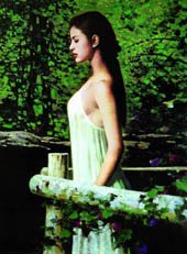 Green Background A Overlooking Girl Handpainted Portrait Oil Paintings