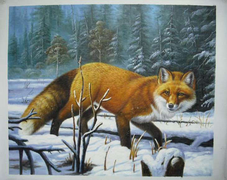 Fox Subject Snowfield Background Pure Hand-painted Animal Oil Paintings
