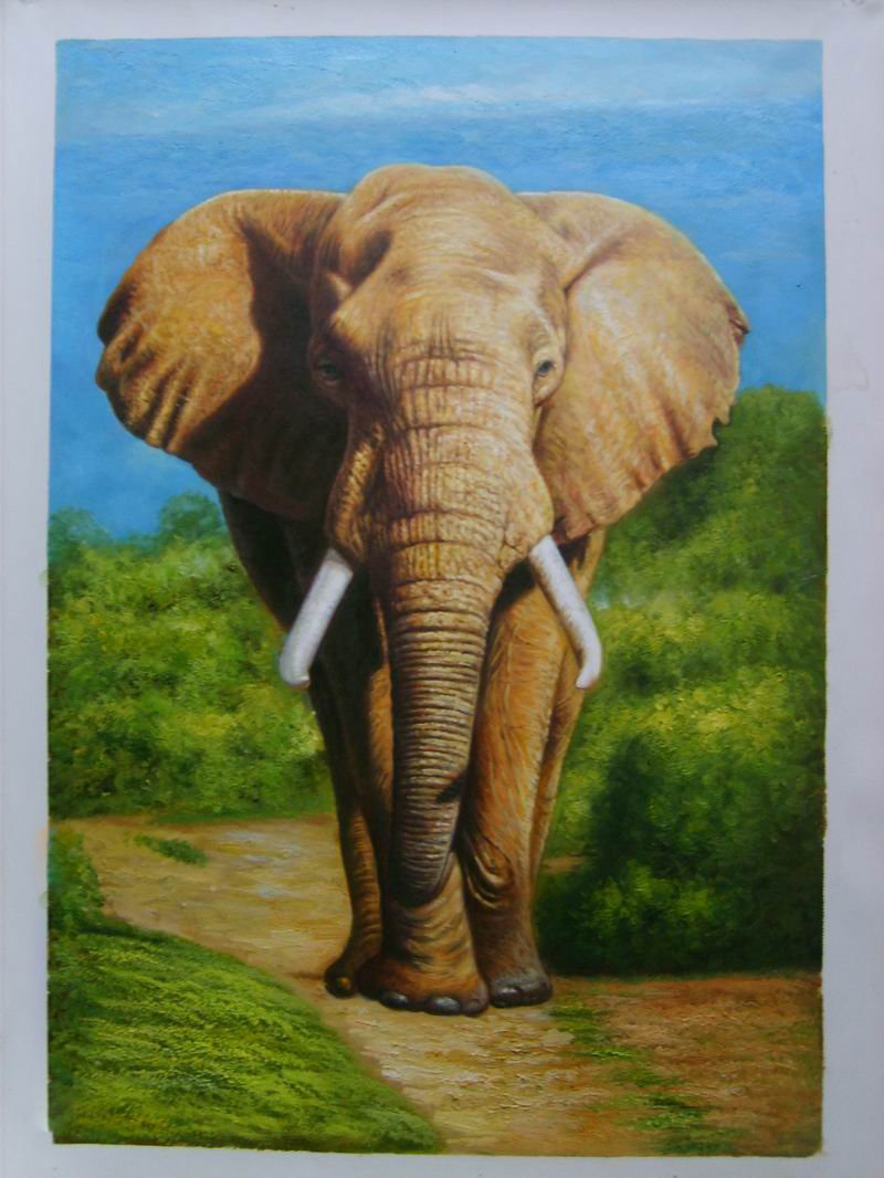 Blue Sky & Tree Background Huge Elephant Vivid Colour Animal Oil Paintings