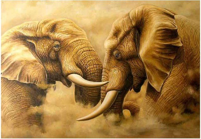 Elephant Subject Light Gold Background Wall Decoration Animal Oil Paintings