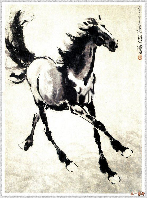 Square Shape Ivory Background With A Black Horse Animal Oil Paintings