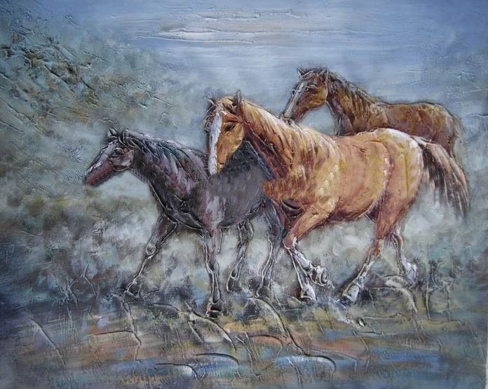 Blue Background With Three Horses Canvas Animal Oil Paintings