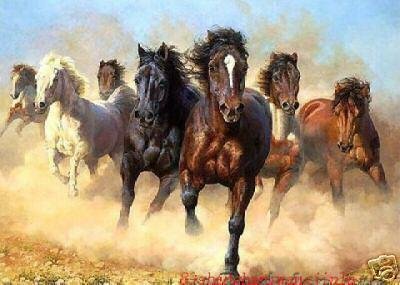 Handpainted Seven Horses Grassland Background Animal Oil Paintings