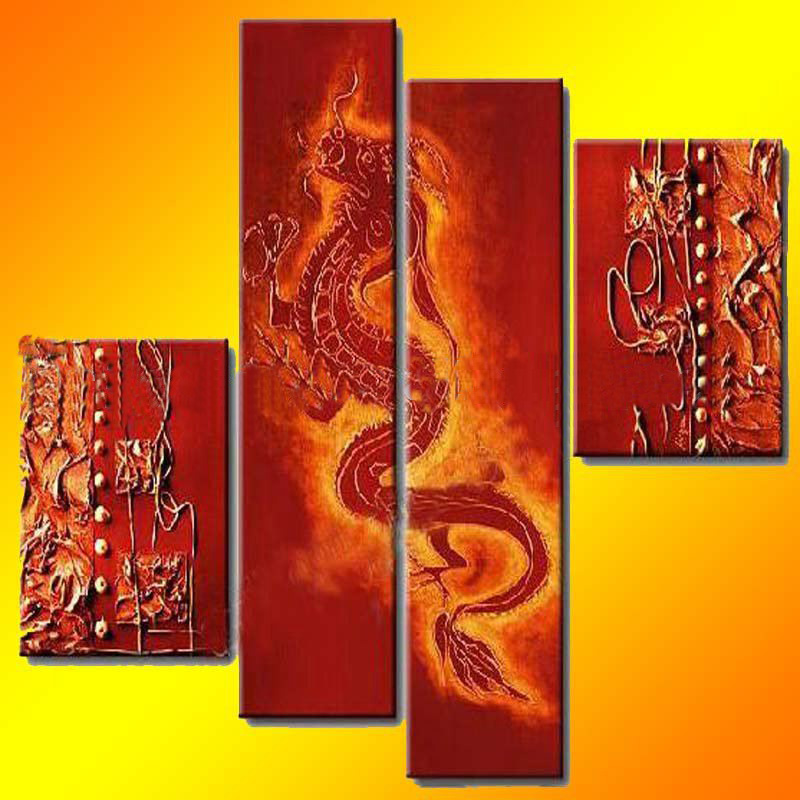 Red & Golden Background Square Shape A Dragon Animal Oil Paintings