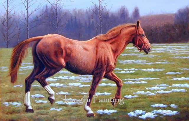Snow Background With A Red Horse Canvas Animal Oil Paintings