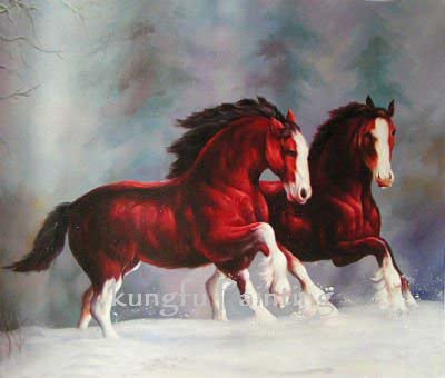 Canvas Square Shape Two Red Horses Animal Oil Paintings