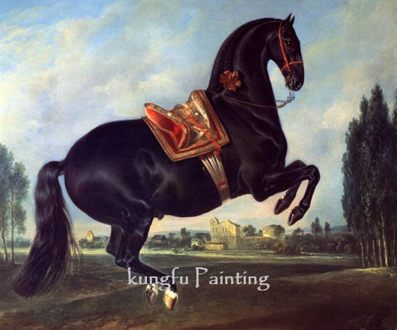 Blue Background With A Black Horses Canvas Animal Oil Paintings