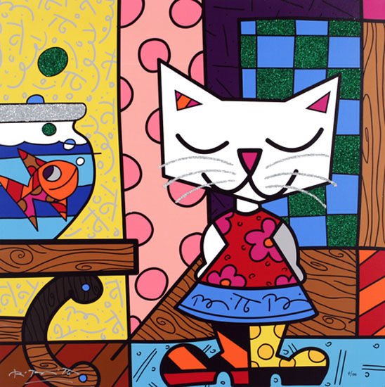 Cat Subject With A Fish In The Tank Canvas Animal Oil Paintings