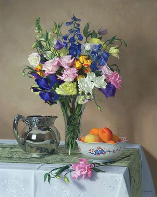 With Different Flowers Apricot Background Canvas Still Life Oil Paintings