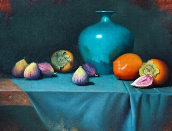 Blue Background With Fruits Canvas Still Life Oil Paintings