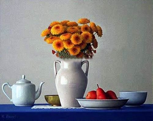 Chrysanthemum Subject Gray Background Canvas Still Life Oil Paintings