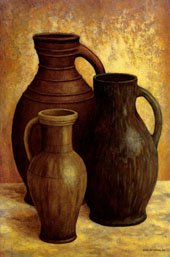 Canvas With Three Bottles Golden Background Still Life Oil Paintings