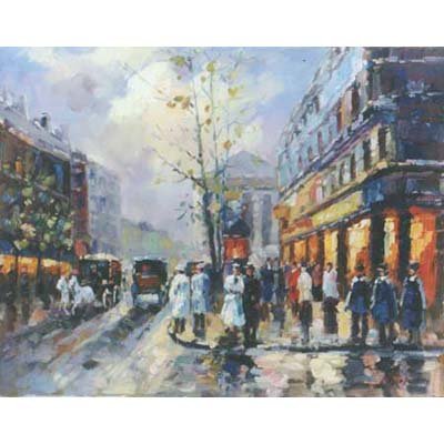 Street Background Canvas Many Horses & Person Scenery Oil Paintings
