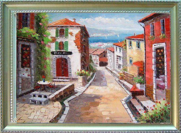 Street With Many Red Houses Canvas Scenery Oil Paintings