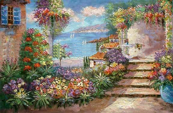 Many Flowers Canvas Garden Background Scenery Oil Paintings