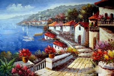 Many Houses Blue Background Canvas Scenery Oil Paintings