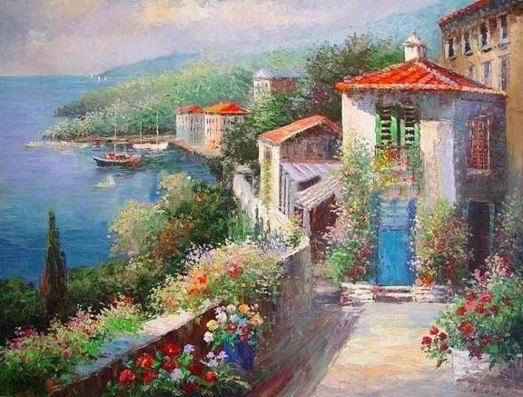 Rectangular Shape Garden Canvas Scenery Oil Paintings