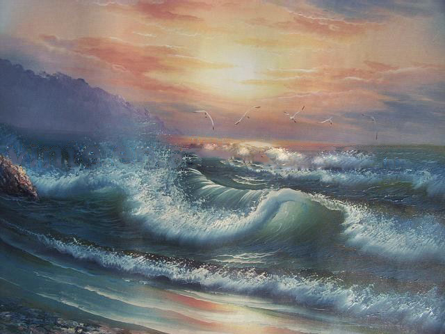 Birds & Wave Light Orange Background Board Seascape Oil Paintings