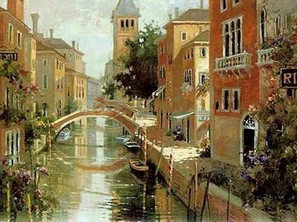 Houses Background Small Bridge Subject On Canvas Seascape Oil Paintings