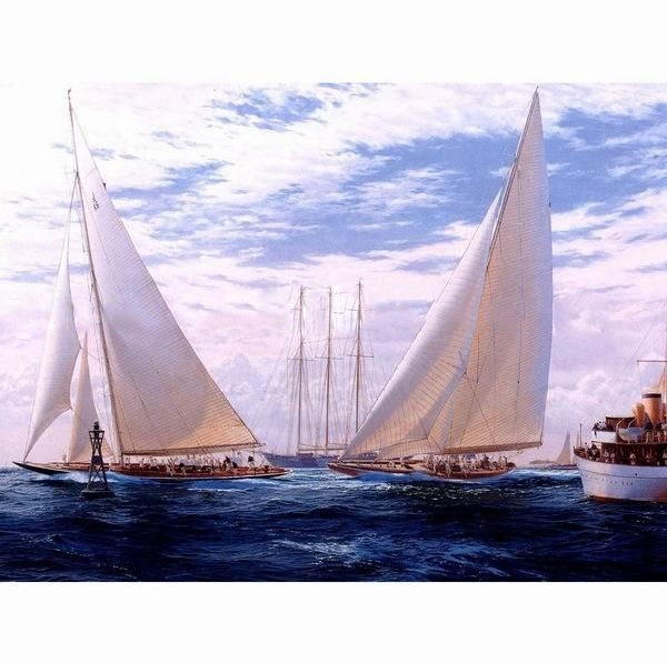 Light blue Background Three Boats Sailing Frameless Seascape Oil Paintings