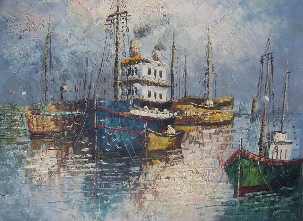 Three Boats Sailing Light Gray Background Board Seascape Oil Paintings