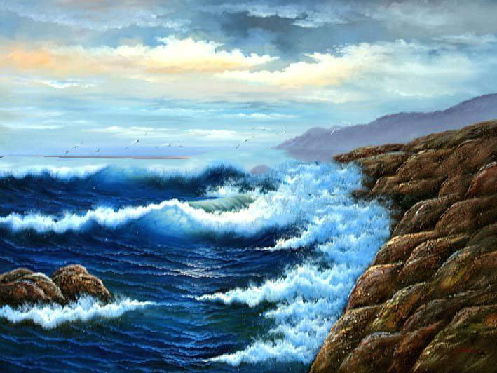 Blue Wave Subject Light Gold Background Good Condition Seascape Oil Paintings