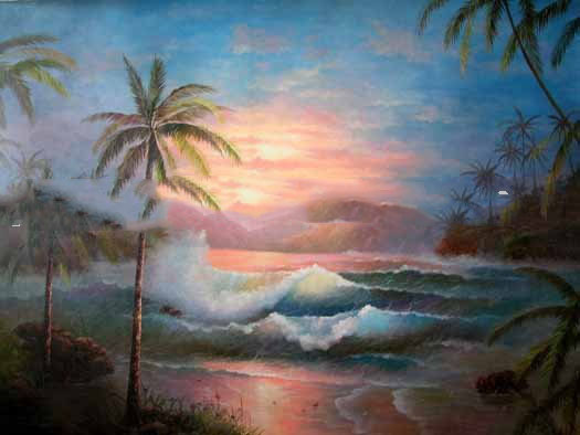 Wave & Tree Light Red Heaven Background Canvas Seascape Oil Paintings
