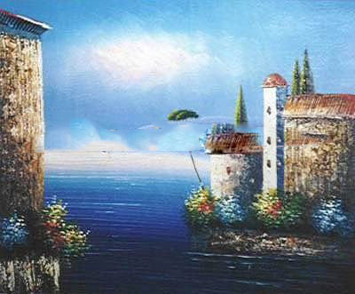 Blue Background Canvas With Many Decorations Seascape Oil Paintings