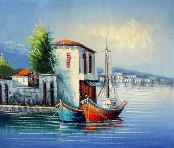 Canvas Blue Background With A House Seascape Oil Paintings