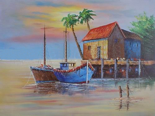 A House & A Ship Canvas Colourful Background Seascape Oil Paintings