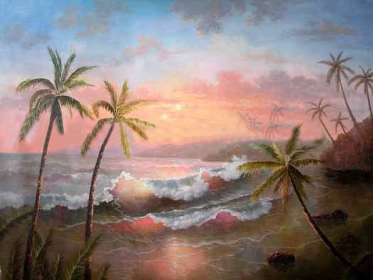 Dusk Background Canvas With Coconut Tree Seascape Oil Paintings