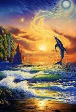 Golden Background Canvas With A Dolphin Seascape Oil Paintings