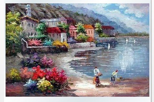 Many Houses With Two Women Canvas Seascape Oil Paintings