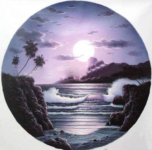 Round Shape Purple Background Dawn Seascape Oil Paintings