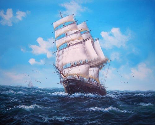 Sailing Boat Canvas Blue Background Seascape Oil Paintings