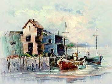 Light Blue Background With A House Canvas Seascape Oil Paintings