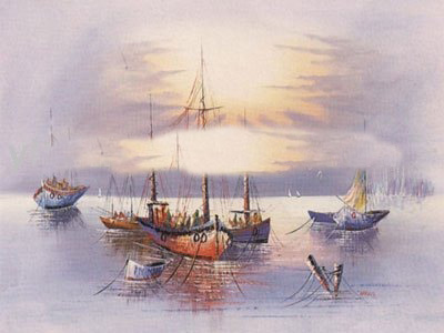 Dawn Background With Many Ships Canvas Seascape Oil Paintings