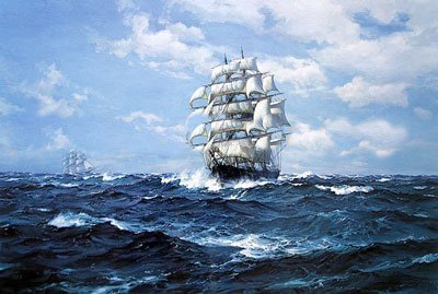 Blue Background With A Ship Canvas Seascape Oil Paintings