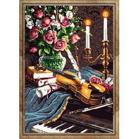 Flower & Violin Lighting Candle Background Vivid Colour Still life Oil Paintings