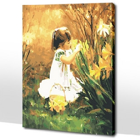 Light Yellow Background Wall Decoration A Girl Picking Up Flower Subject Abstract Oil Paintings