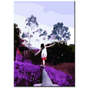 Purple Background Walking Girl Subject Frameless Landscape Oil Paintings