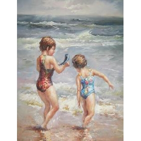 Sea Background Two Chindren Subject Frameless Classical Oil Paintings