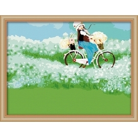Landscape Wonderful A Girl Running Bike Green Field Background Still life Oil Paintings