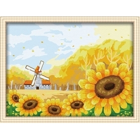 Sunflower & House Subject Wall Decoration White Sky Background Still life Oil Paintings