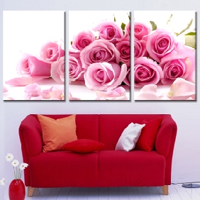 Framed Pink Rose Subject Triptych Landscape Oil Paintings