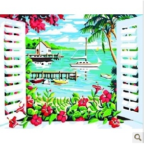 Window With Flower Unframed Landscape Excellent Seascape Oil Paintings